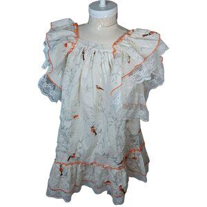Fox & Heron Dress Bird Print Lace Trim Bow Girls 6 A Line Short Sleeves Comfort